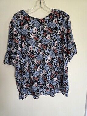 LOFT Black Blouse with Blue Paisley & Pink Floral Print